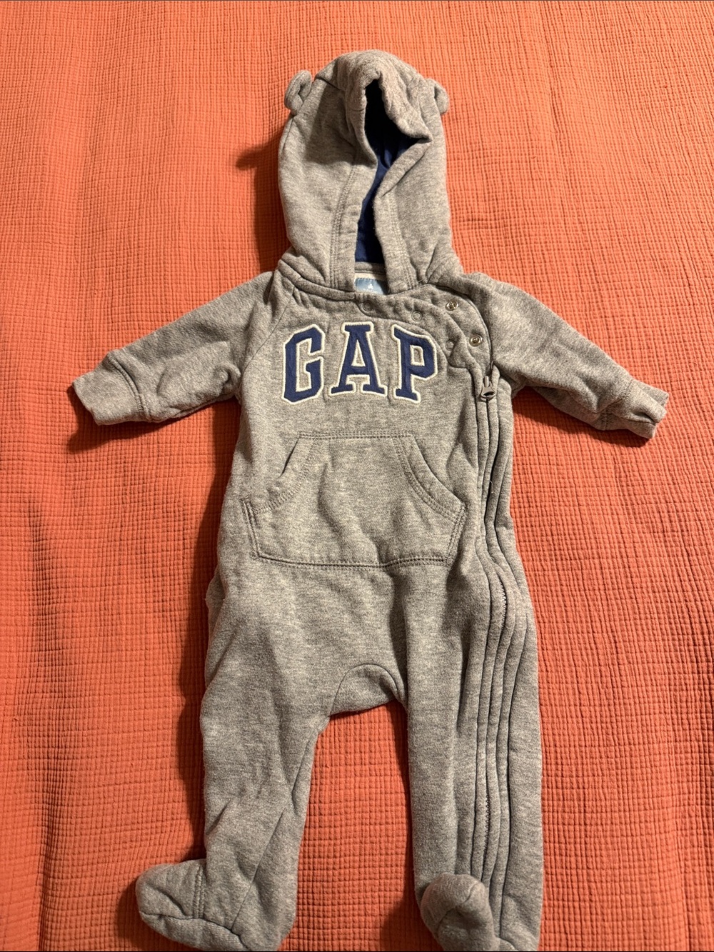 GAP Gray Hooded Footed Baby One-Piece with Navy Logo